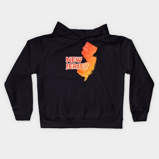 Colorful mandala art map of New Jersey with text in red and orange Kids Hoodie